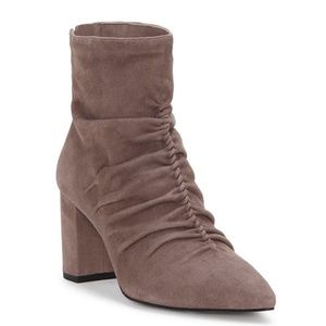 Taupe Suede Ruched Block Heel Booties